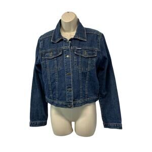 Club Roman Womens Denim Jacket Blue Size Large Collared Dark Wash